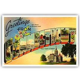 GREETINGS FROM CONNECTICUT vintage reprint postcard set of 20 identical postcards. Large letter US state name post card pack (ca. 1930's-1940's). Made in USA.
