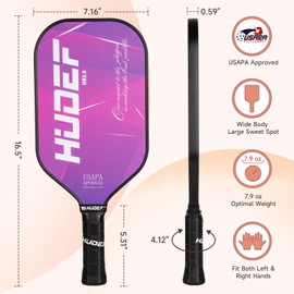 HUDEF Pickleball Paddle USAPA Approved, Lightweight Carbon Fiber Face and Polypropylene Honeycomb Core Pickleball Racket with Cover, Elongated Handle and Cushion Comfort Grip Pickle Ball Paddle Purple