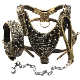 Haoyueer Leather Spiked Studded Medium & Large Dog Collars, Harnesses & Chain Leashes 3Pcs Matching Set for Pit Bull,Mastiff, Boxer, Bull Terrier
