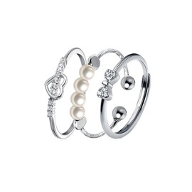 YMHOP Sterling Silver 3 PC Ring Set Stackable Rings Bowknot Heart Peral Open Stacking Ring Gift Jewelry for Women Girls, Sterling Silver, Cubic Zirconia
