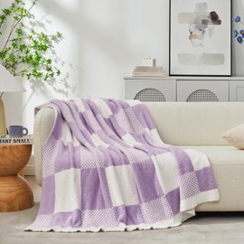 Snuggle Sac Checkered Blanket, Lilac Purple Throw Blanket for Couch Plaid Microfiber Fluffy Warm Cozy Fuzzy Soft Throw Blanket Reversible Checkerered Blankets for Sofa, Chair, Bed, 50x60 inches