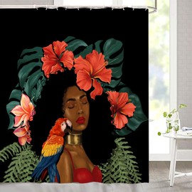 Albodanl African Black Girl Shower Curtain Parrot Flower Vintage Floral Woman Queen Tropical Green Palm Boho Shower Curtain for Bathroom Decor with Hooks 72 x 72 inches