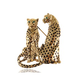 Alilang Golden Tone Tuquoise Blue Eyed Spotted Leopard Family Twin Lover Brooch Pin, Gold