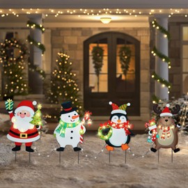 Christmas Yard Sign Outdoor Decorations with LED Lights Christmas Santa Claus Snowmen Penguin Reindeer Yard Sign with Metal Stakes for Xmas Holiday Party Lawn Sign Garden Decor Christmas Yard Signs
