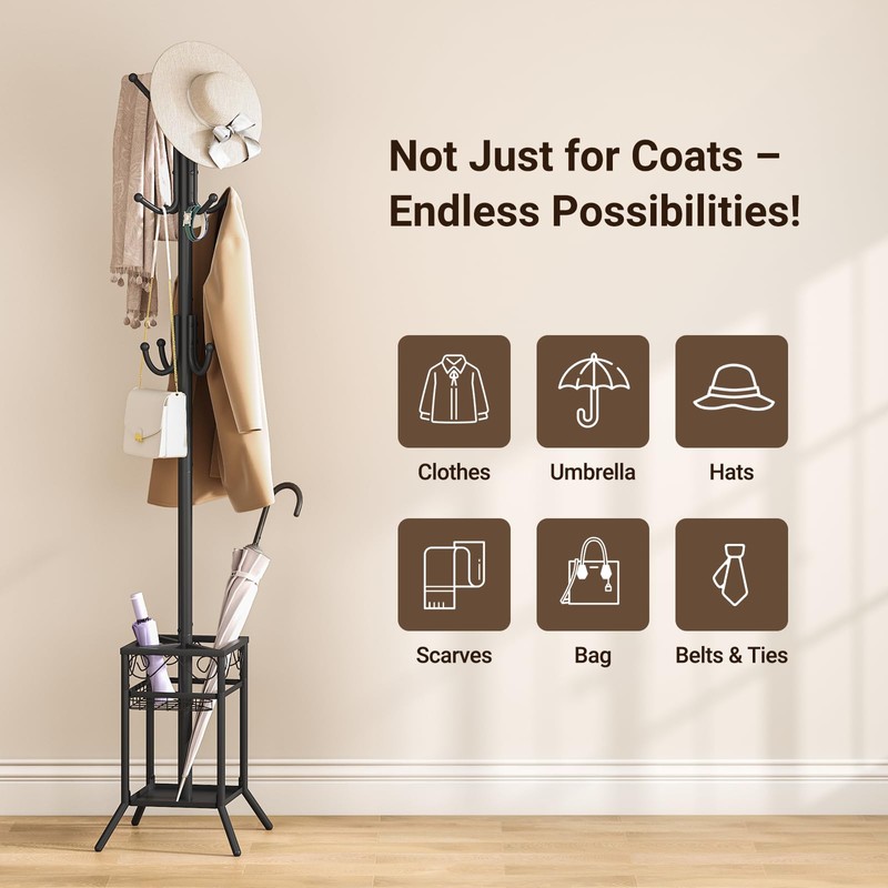 ELYKEN Coat Rack Freestanding, Coat Tree with Umbrella Holder, Metal
