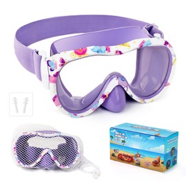 Kids Swim Goggles, Anti-Leak Snork Mask with Nose Cover & Elastic Fabric Strap, UV Protection Swimming Goggles for Kids Boys Girls (Purple-Unicorn 1)