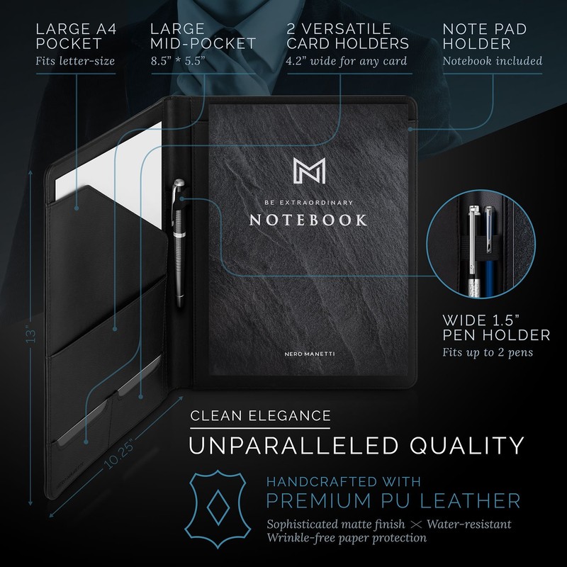 NERO MANETTI- Leather Portfolio Folder - Business PU Leather Portfolio