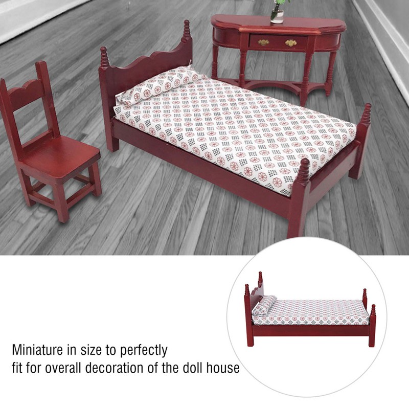 1:12 Doll House Mini Red Wooden Single Bed Furniture Accessory