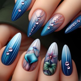 French Tip Press on Nails Medium Almond Fake Nails with Designs Flower Glue on Nails Pink Rhinestone Acrylic Nails Blue Stripes Artificial Nails Full Cover Stick on Nails for Women 24Pcs