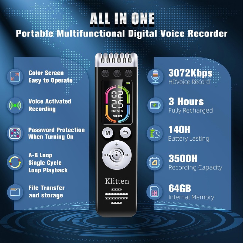 64GB Digital Voice Recorder for Lectures Meetings,MP3 Player, Voice Activated