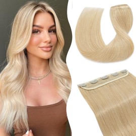TESS Clip In Hair Extension 14 Inch,Hair Extensions Real Human Hair One Peice 5 Clips Straight Natural Hairpieces for Womens/Girls(#24 Natural Blonde,14Inch)