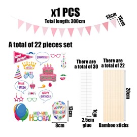22 Pieces Of Birthday Photo Props, 1 Set Of Pennants, Birthday Party Decorations, Photo Props With Sticks, Birthday Party Scene Layout, Birthday Celebration Props