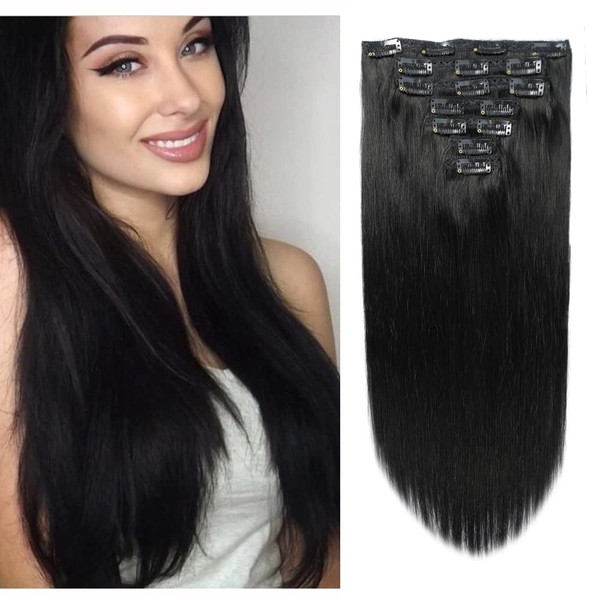 20" Clip in Human Hair Extensions Full Head 180g 7 Pieces 16 Clips 1# Jet Black Double Weft Brazilian Real Remy Hair Extensions Thick Straight Silky (20",180g Jet Black)