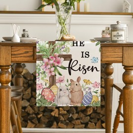 Artoid Mode Bunny Rabbits Eggs He is Risen Easter Table Runner, Seasonal Spring Kitchen Dining Table Decoration for Home Party Decor 13x48 Inch