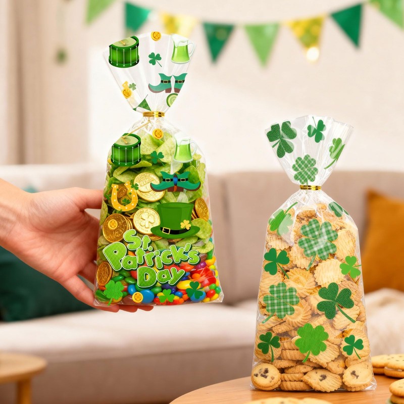 100PCS St. Patrick's Day Cellophane Treat Bags Party Favors with
