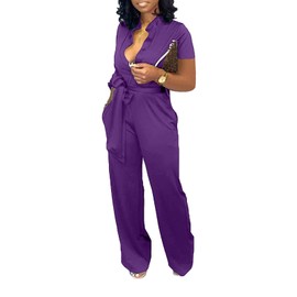 Xinlees Women's V Neck Jumpsuits Casual Solid Short Sleeve Elegant Stand Collar Button Down Long Pants Rompers Straight Club Outfits With Pockets Belt(Purple,L)