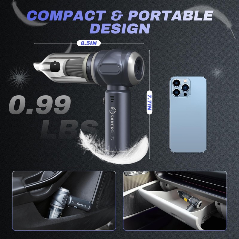 SakerPlus Car Vacuum Portable Cordless, 3-in-1 Hand Held Mini Vacuum