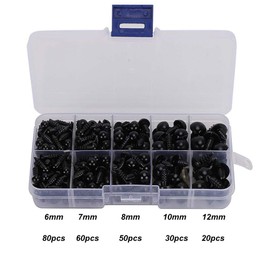Ojos de muñeca con 240 piezas de 6 mm - 12 mm Ojos de seguridad de plástico negro con arandelas para muñecas artesanales de bricolaje, marionetas, animales de peluche y osos