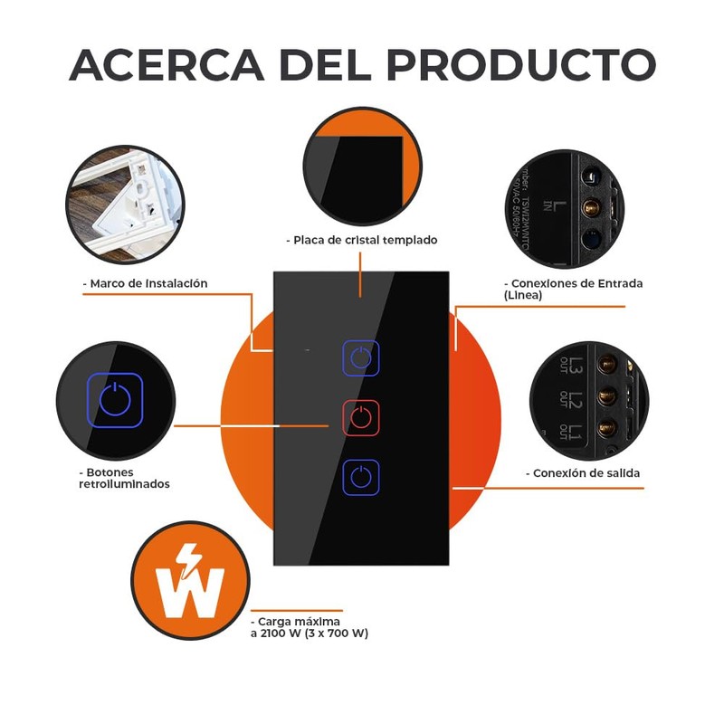 Tecnolite Connect - Apagador Inteligente Táctil WiFi 3 Circuitos, Sin