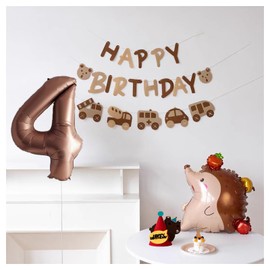 Qkie Birthday Decoration Set, Hedgehog Theme, 81cm Rose Gold Number Balloons, Happy Birthday Garland, Car Pattern Banner, Party Decoration (4 Years)