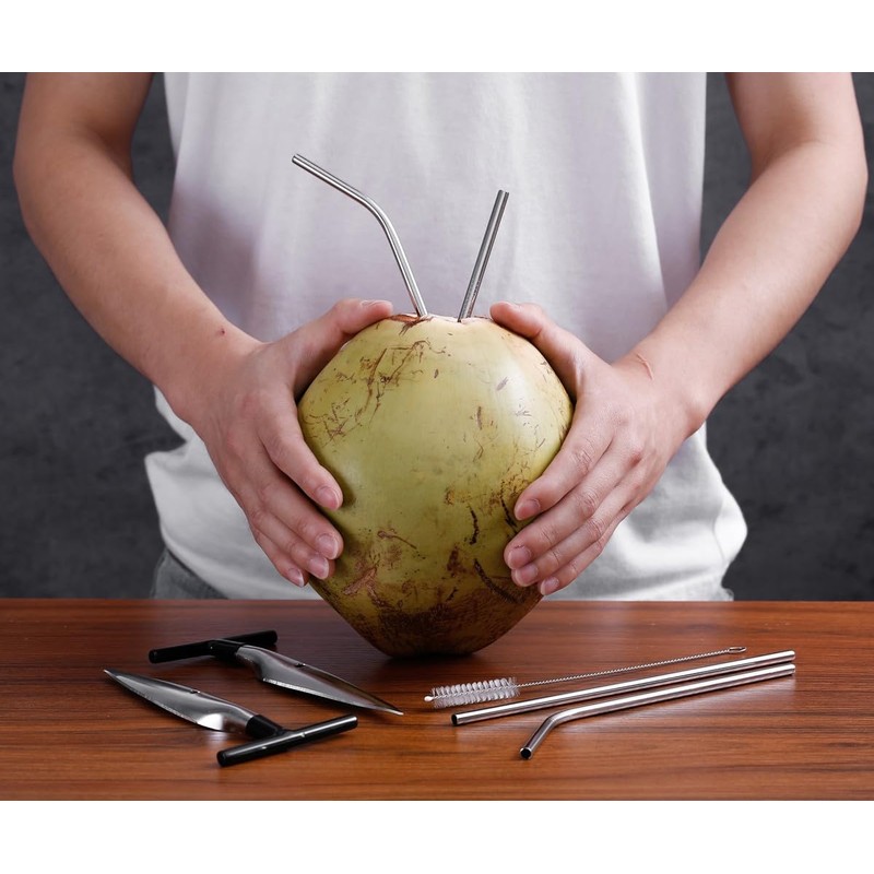 2 Pack Coconut Opener Tool Set with 4 Reusable Straws