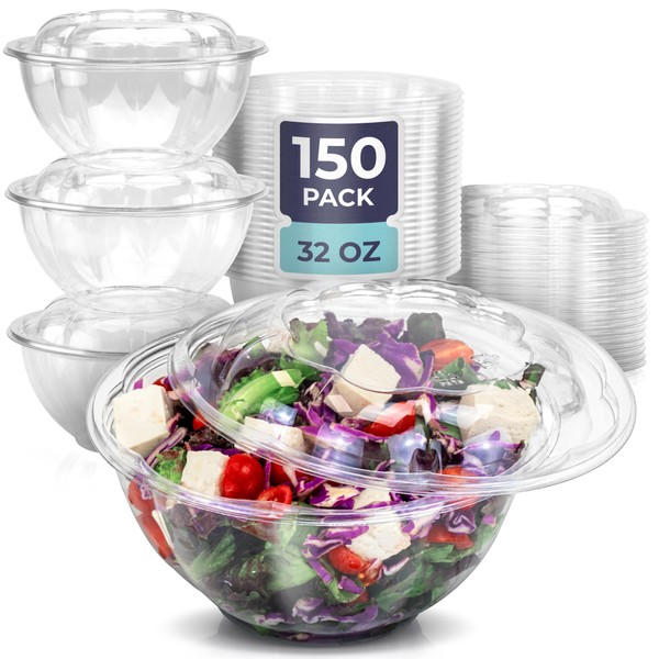[150 Pack] 32 oz Clear Plastic Salad Bowls with Airtight Lids, Disposable To Go Salad Containers for Lunch, Meal, Party, BPA Free Clear Bowl for Acai, Green Salad, Fruits, Nuts
