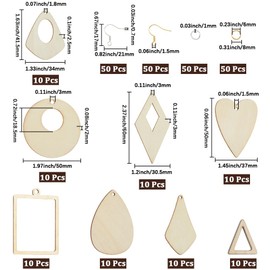 SOFPLATE 280Pcs 8 Shapes Wood Earrings Kit Unfinished Wooden Earrings Bulk Large Woods Heart Teardrop Round Pieces Cutout with Hole Brass Jump Rings Hooks Charms for Jewellery Making DIY Craft Pendant