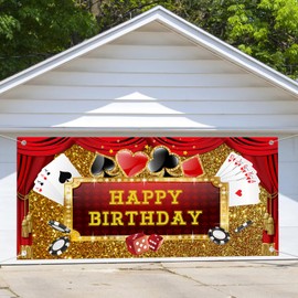 7X8ft Las Vegas Casino Birthday Banner Gold Glitter Red Curtain Dice Winner Poker Cards Happy Birthday Casino Night Theme Party Background Banner Garage Door Decoration Background Cover
