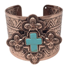 Gypsy Jewels Simulated Turquoise Western Style Silver Tone Wide Cuff Bracelet (Copper Tone Cross)