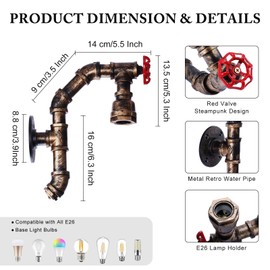 XEYOU Retro Wall lamp Vintage Industrial Steampunk Wall Sconce with Switch Metal Water Pipe Wall Mounted Light Fixture E26 Edison Bulb for Cafe Bar Restaurant Bedroom Livingroom