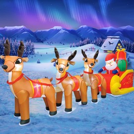 DomKom 10 FT Christmas Inflatable Santa Claus on Sleigh with Three Reindeer, Giant Blow Up Yard Decoration,Built-in LED Lights Decoration for Christmas Party, Holiday Lawn Winter Decor