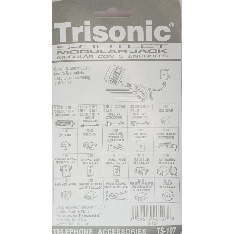 Trisonic 5-Outlet Modular Jack TS-107 Telephone Line Splitter Cable