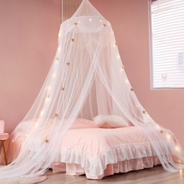 Lanpet Bed Canopy with Lights for Girls,Extra Large Dome Mosquito Net Reading Nook Canopy for Kids Boys Twin Full Queen Size Bed Indoor Decor Outdoor Camping, Withe, Fire Retardant Fabric