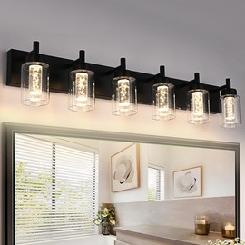 VINLUZ LED Bathroom Vanity Light Fixtures, 6 Light Indoor Wall Sconces Lighting with Clear Glass Shade and Crystal Bulb Black Lights for Mirror, Kitchen, Living Room, Gallery(LED Bulbs Included)