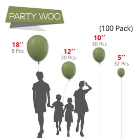 PartyWoo Olive Green Balloons, 100 pcs Green Balloons Different Sizes Pack of 18 Inch 12 Inch 10 Inch 5 Inch Balloons for Party Decorations, Birthday Decorations, Wedding Decorations