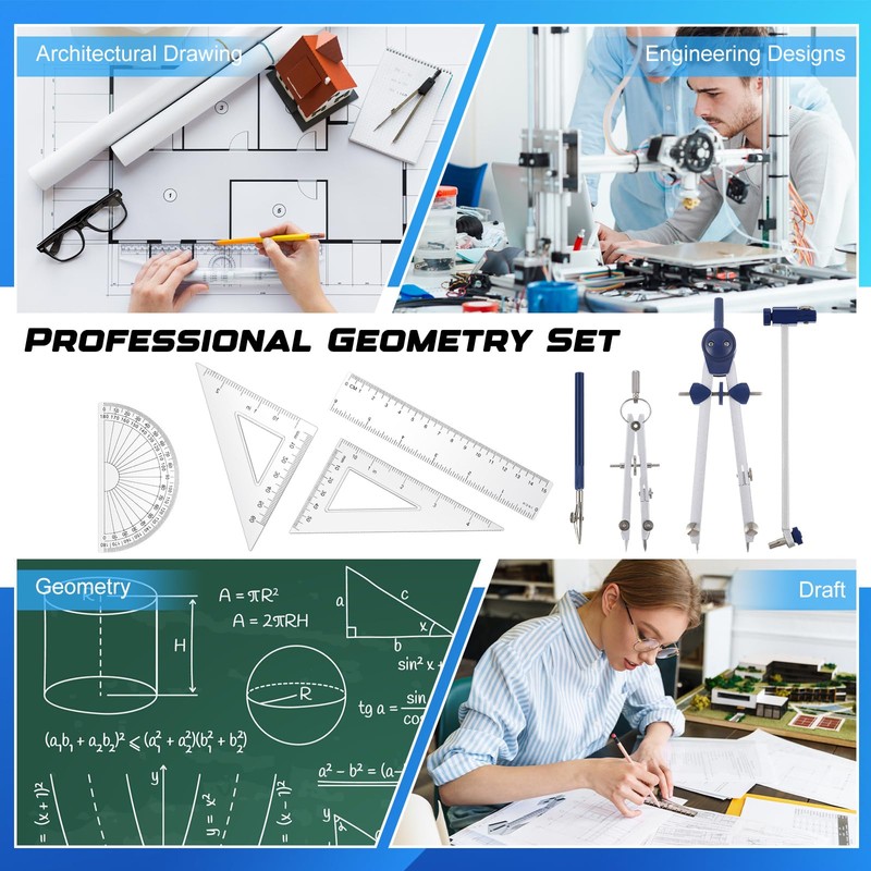 Teling 4 Pack Professional Geometry Set Compass Geometry Tool Protractor