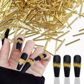 SILPECWEE 1200Pcs Metal Reflective Thin Strip 3D Nail Charms Silver Gold Nail Reflective Silk Straight Rods Nail Rivet Shinny Nail Art Studs Charms for Nail Decoration Craft Supplies