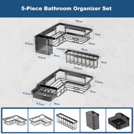 YEAPUPE PRO - Mensola per doccia senza foratura, set da 5 scaffali da bagno, con 2 mensole angolari, portasapone, portaspazzolino e cestello, mensola da parete autoadesiva, colore nero