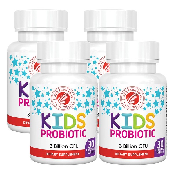 Silver Fern Brand Kids Ultimate Probiotic - 4 Bottles - 30 Chewable Tablets Each - Sugar & Gluten Free - Children's Dietary Supplement - DNA & Survivability Verified - Digestive & Immune Support