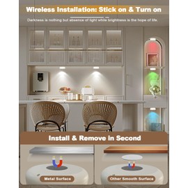 LED Under Counter Lights for Kitchen,Rechargeable RGB Under Cabinet Lights Battery Operated with Remote Shelf Lighting Tap Light Magnetic Push Lights Touch Light Stick on for Closet Classroom Wireless