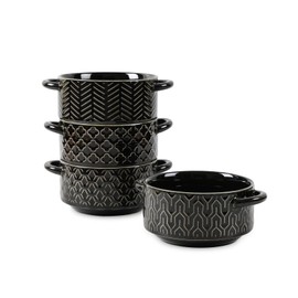 Sureasy Soup Bowls with Handles, Ceramic French Onion Soup Bowls 20 oz, Oven Safe Soup Crocks for Beef Stew, Chili, Cereal, Pot Pies, Embossed Serving Bowls Set of 4, Gift, Black