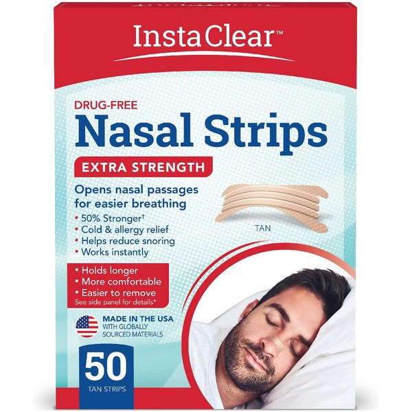 Instaclear Extra-Strength Nasal Strips, Tan 50 ct | Works Instantly, Breathe Better, Nasal Congestion Relief, Stops Snoring, Cold & Allergy, Extra Strength Tan
