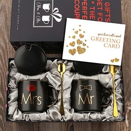 Mr and Mrs Coffee Mugs Cups Gift Set for Engagement Wedding Bridal Shower Bride and Groom To Be Newlyweds Couples - Ceramic Marble 15 Ounce (Round 14 Ounce, Black)