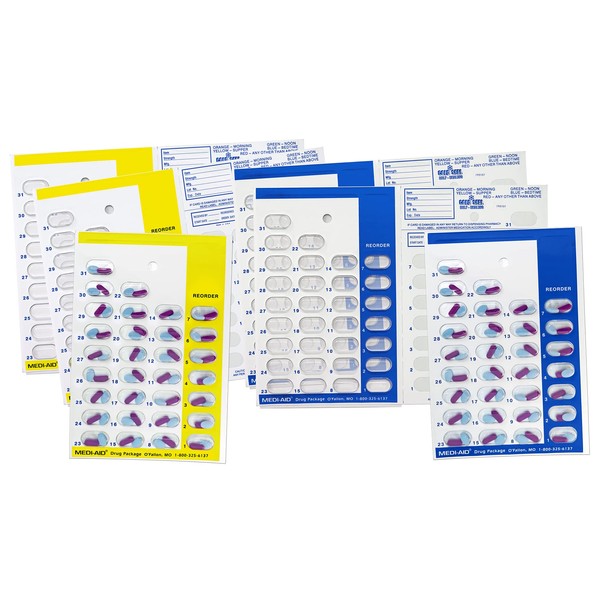 Medi-Aid Color Coded AM/PM Monthly 31 Day Medication Blister Cards - Easy No Equipment Needed Cold Seal - 2X a Day Yellow for Morning Blue for Evening (6 Pack - 3 Yellow and 3 Blue)