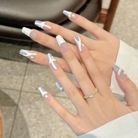 NLSJMP handmade nails press on Salon Quality false nails Reusable long square hand-painted gentle white cute acrylic 3D fake nails designed kit,10 Nails Size M #2251