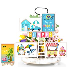 Summer Tiered Tray Decorations Set, Farmhouse Wooden Tiered Tray Decor for Holiday Rustic Home Kitchen Tier Tray Decor Set