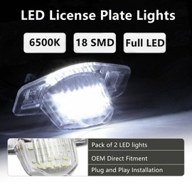 Yankok LED License Plate Lights for Honda CR-V Civic Accord Crosstour HR-V Odyssey Insight Element FR-V Jazz Element Fit and Stream 18-SMD 6500K 3W Xenon White Tag Lamp Replacement