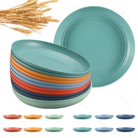 12 Pcs Wheat Straw Plates, 9.8 inch Unbreakable Deep Dinner Plates Set, Reusable Plastic Plates, Microwave and Dishwasher Safe Plates for Kitchen, Lightweight Plates for Dessert, BPA Free, 6 Colors