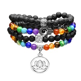 Jovivi 108 Buddha Chakra Bracelet Made of Gemstone 6 mm Pearl Bracelet with OM Hamsa Hand Lotus Pendant Wrap Bracelet Mala Chain, Copper