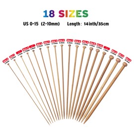 14 Inch Single Point Bamboo Knitting Needles Set for Beginners, 18 Pairs US Size 0-15 (2.0-10.0mm) Straight Wooden Knitting Needles, Long Wood Needles Prefect for Sweaters, Socks, Shawl and Scarf